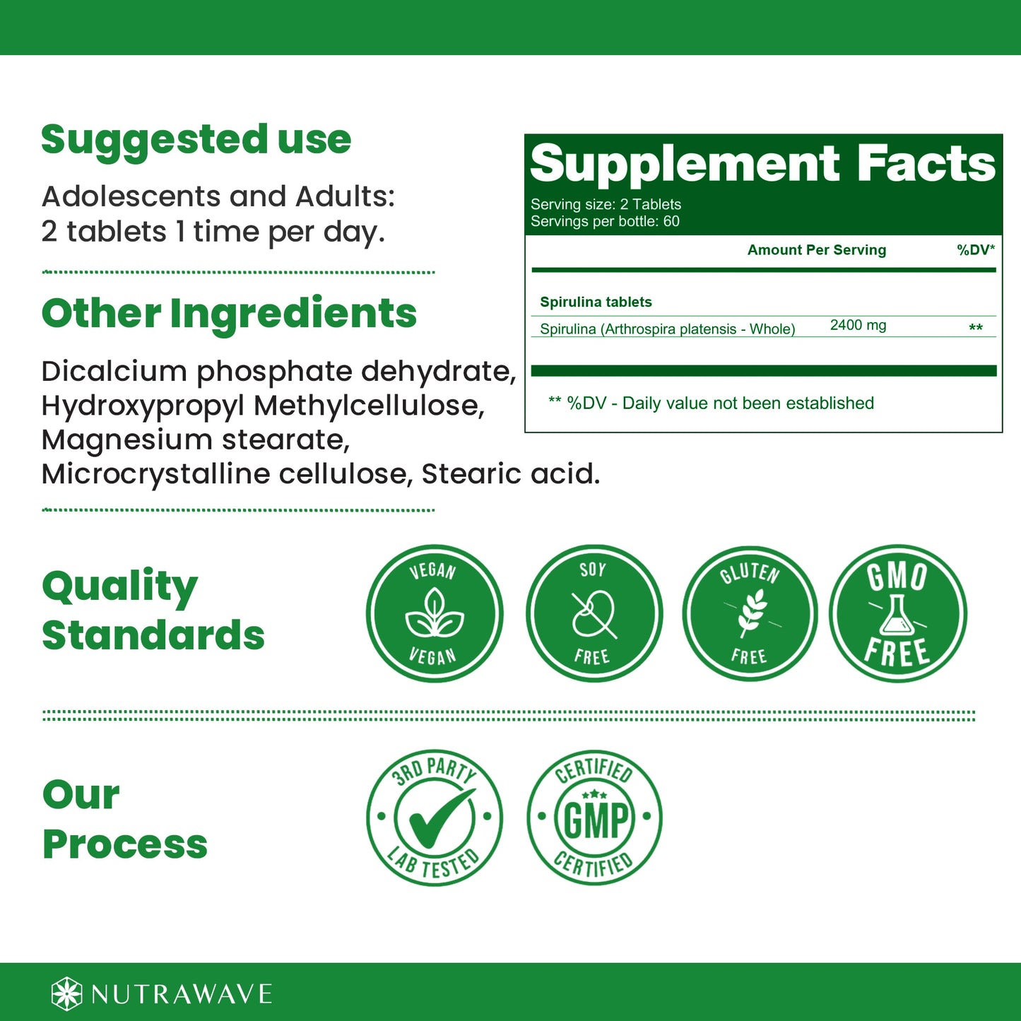 
                  
                    Organic Spirulina Tablet - 1200mg (per tablet)
                  
                